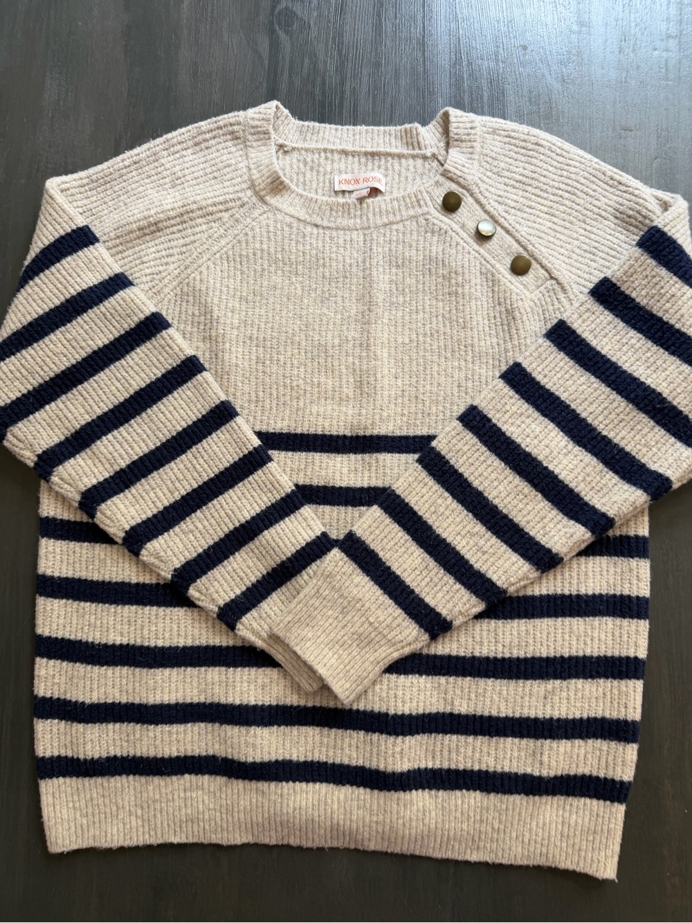 Knox Rose Striped Sweater Large Beige Navy Button Shoulder Knit Pullover